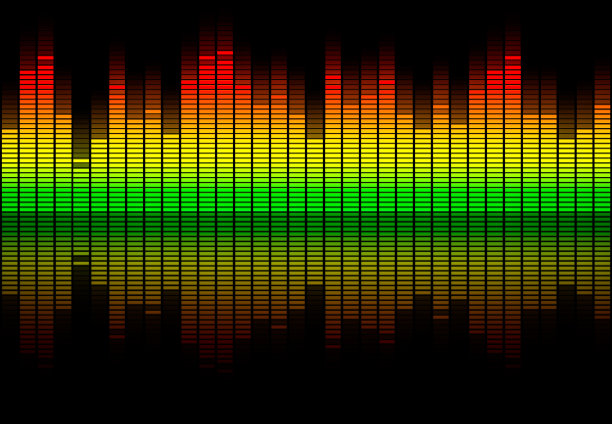 彩色复古音频均衡器酒吧与声音频谱颜色从绿色到红色孤立在黑色。音乐或分贝波插图。图片下载