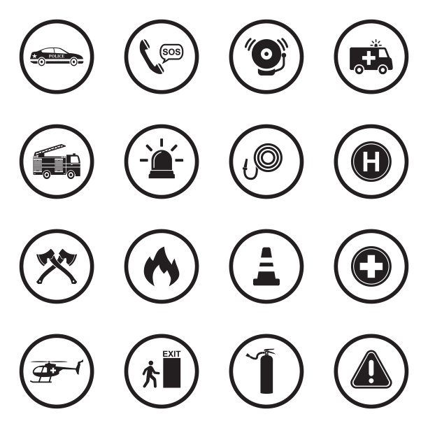 紧急的图标。圆形的黑色平面设计。矢量插图。图片下载