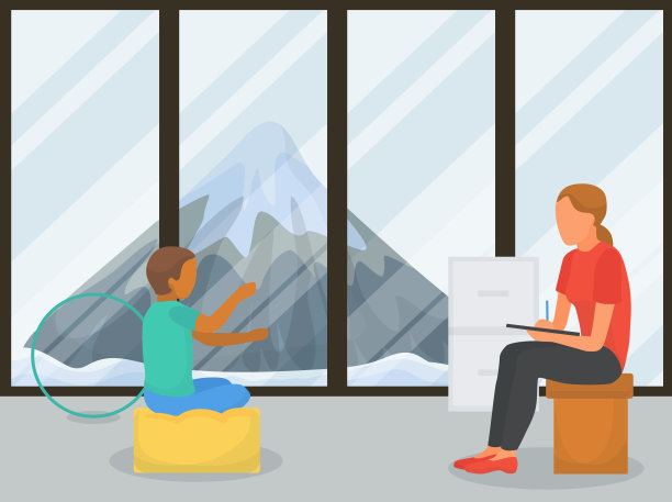 儿童患者与医生心理治疗师沟通矢量说明。有个男孩在房间里接受女性心理治疗师的治疗。心理上的会话协商。素材图片