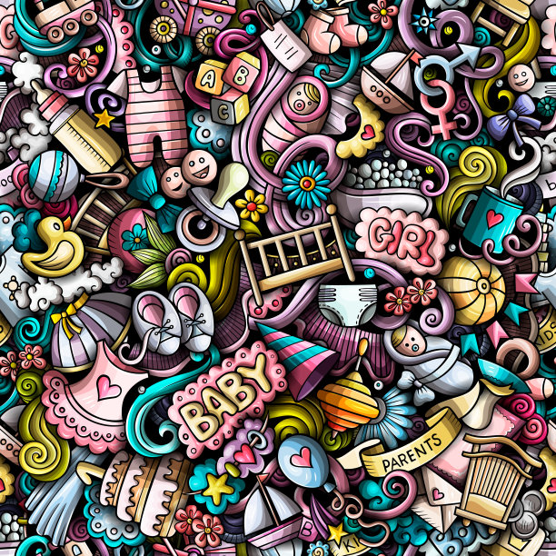 卡通可爱涂鸦手绘婴儿无缝图案。图片下载