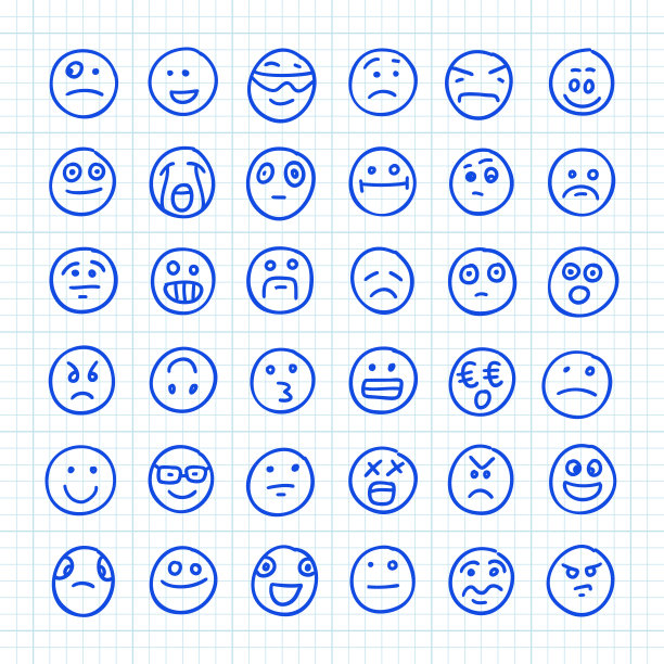 一套手画在方纸上的表情符号:02部分。矢量插图涂鸦。图片下载