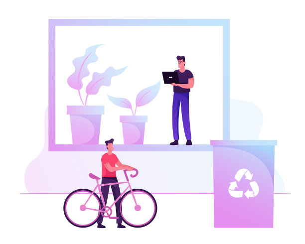 绿色环保办公理念。骑着自行车上班的商人，在有植物的地方工作的男性角色和回收垃圾箱的垃圾分类。卡通平面矢量插图图片下载