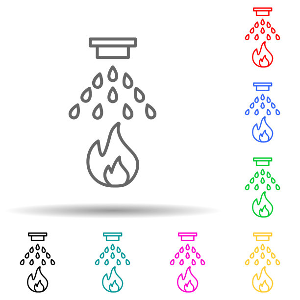 消防系统多色风格图标。简单的细线，轮廓向量洒水图标的用户界面和用户体验，网站或移动应用程序图片下载
