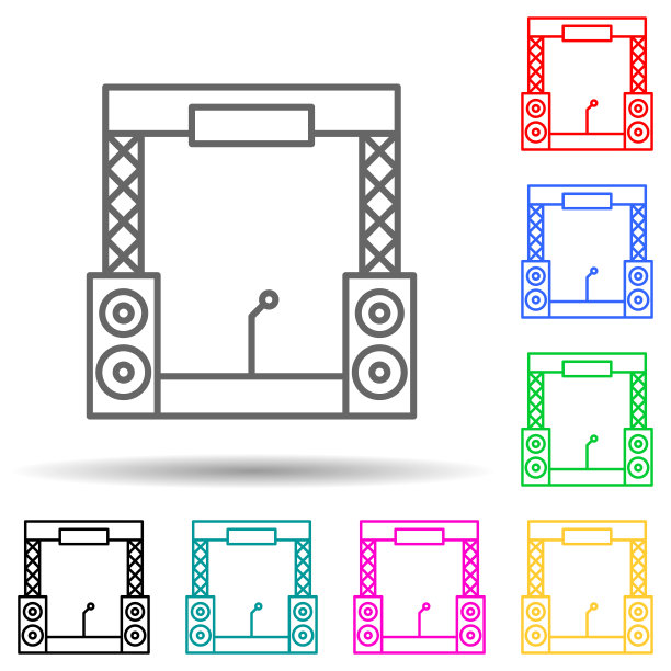 舞台场景多色彩风格图标。简单的细线，聚光灯舞台图标的轮廓矢量ui和ux，网站或移动应用程序图片下载