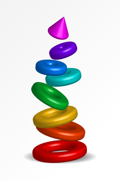 儿童逼真的3d塑料玩具模拟。多色儿童金字塔模型上的白色背景。红、橙、黄、绿、蓝、紫、粉等色落环块垂直塔。矢量图图片下载