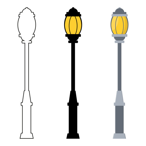 轮廓，黑色剪影，卡通街灯设置孤立的白色背景。老式路灯。景观营造要素。矢量插图为任何设计。图片下载