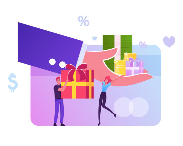 巨大的人手赠送男女顾客角色礼盒。节日促销和购物优惠，奖励系统，人们使用优惠券购买礼物。卡通平面矢量插图素材图片