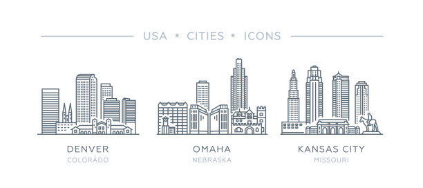 设置细线图标的著名和最大的美国城市。图片下载