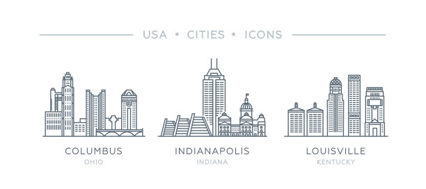 设置细线图标的著名和最大的美国城市。图片下载