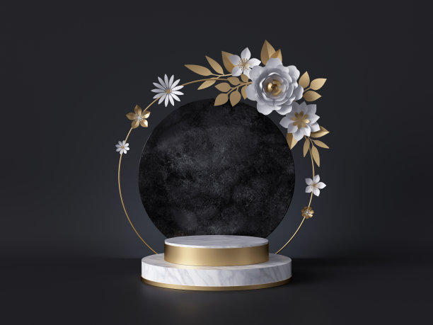 3d渲染，黑色背景上孤立的白色大理石基座，圆形花架，纪念板，圆柱形台阶，抽象简约概念，空白空间，婚礼设计，豪华简约时尚模型图片下载
