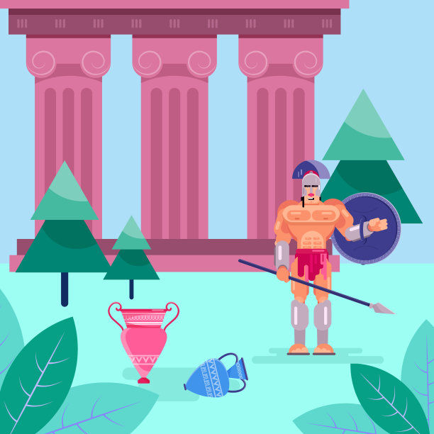 角斗士战士战士在盔甲与盾牌矢量插图平坦。希腊罗马历史人物人的武器。古希腊或罗马。列,土罐。图片下载