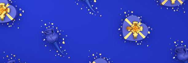 情人节快乐，玫瑰花心形礼盒，蓝色背景金色纸屑，banner，3D插画图片下载