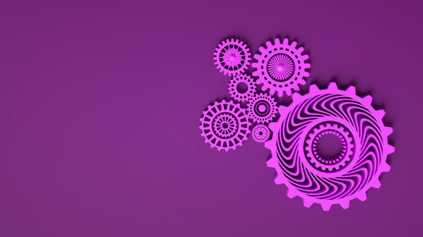 三维插图的互锁齿轮在紫色紫色的颜色。最小的概念。3 d渲染。单色。Copyspace。合作理念、业务机制、团队合作图片下载