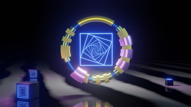 在黑色背景上带有彩色片段的抽象环图片下载