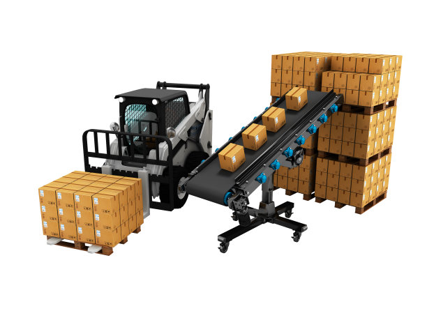 货物放置在纸盒的概念与叉车从传送带3d渲染在白色背景上没有阴影图片下载