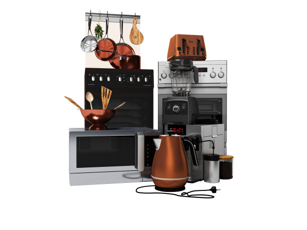 一套家庭厨房电器孤立的3d渲染在白色背景上没有阴影图片下载