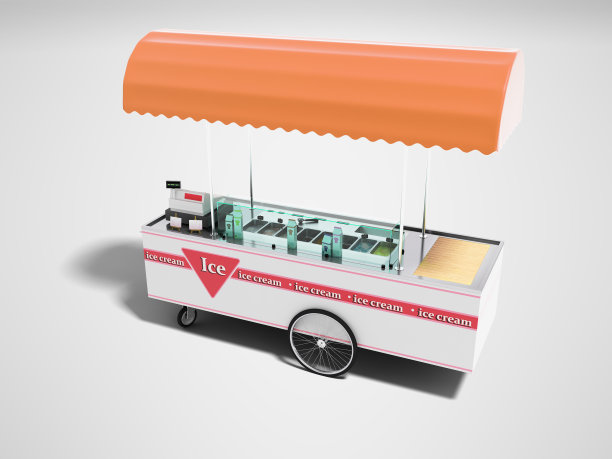 销售冰淇淋在便携式冰箱车轮3d渲染在灰色背景与阴影图片下载