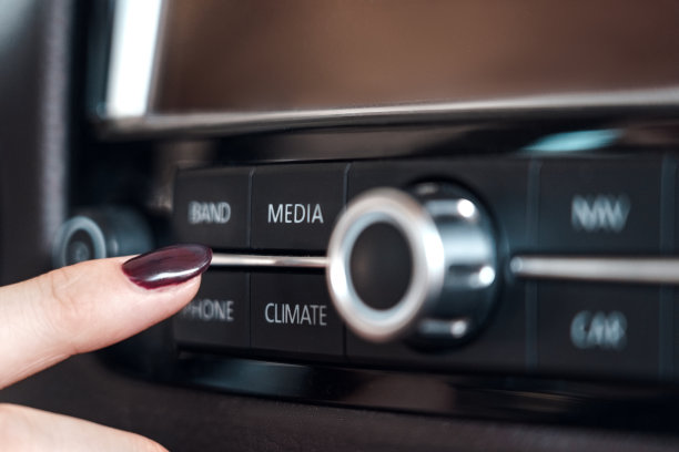 年轻的成年女性在汽车仪表盘上选择模式图片下载