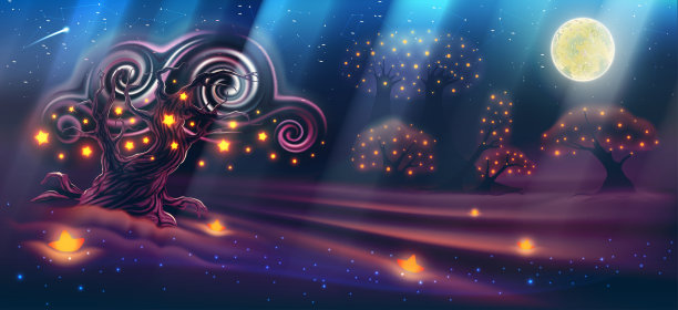 神奇的夜晚景观幻想森林，黑暗的树木，月亮与光束，天空与云，天空，发光的星星，傍晚奇妙的自然背景全景。矢量插图。素材图片