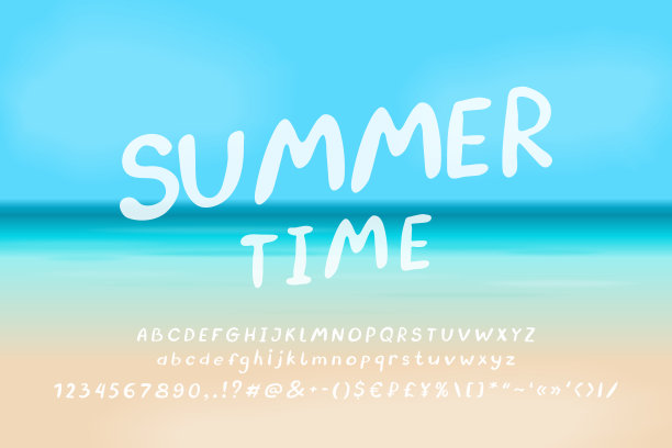 白色字体，手写斜体字母。大写字母、小写字母、数字。刻字夏日海滩景观背景图片下载