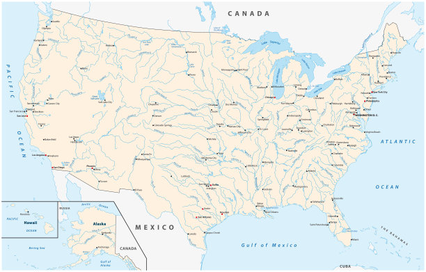 美国地图的主要城市，河流和湖泊图片下载