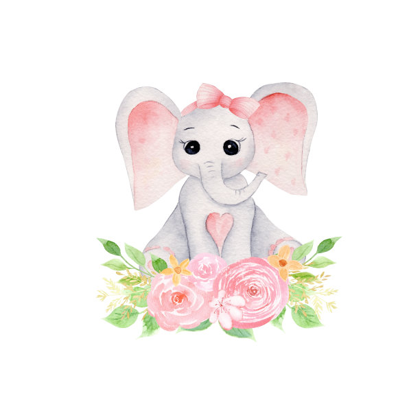 小象和花束手绘栅格插图图片下载