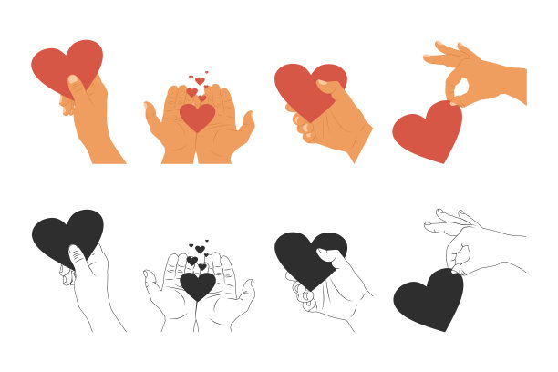 手握心形矢量卡通图标设置孤立的白色背景。图片下载