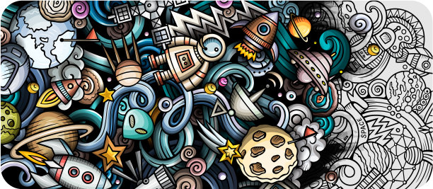 空间手绘涂鸦横幅。卡通详细的插图。图片下载