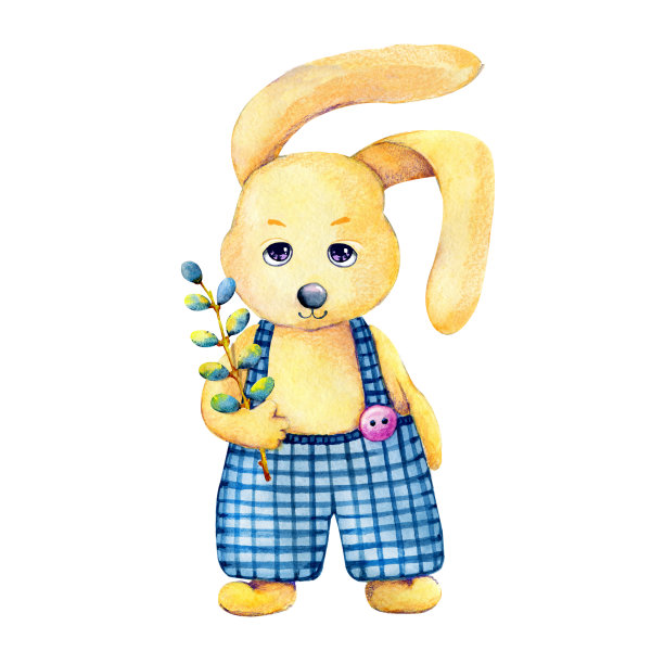 穿着蓝色裤子的卡通兔子男孩手里拿着一根柳枝。手水彩插图孤立在白色背景复活节和儿童产品的设计。图片下载