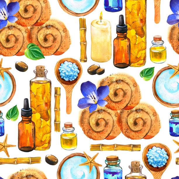 SPA水彩无缝图案。插图用多种手段对身体和面部:毛巾、油、霜、叶、按摩霜、匙加盐、竹材。化妆品对女人。放松在沙龙图片下载