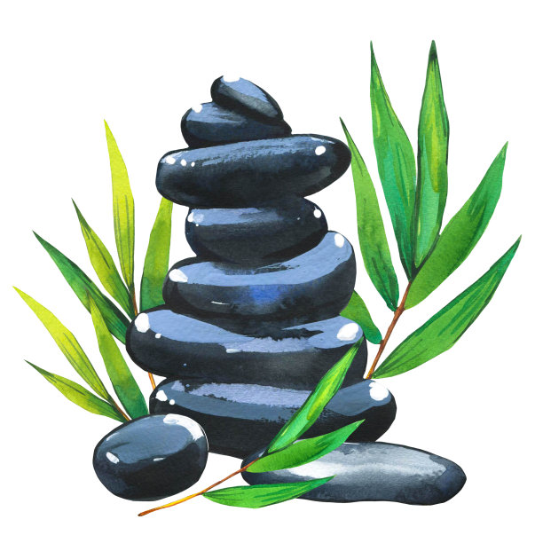 SPA水彩插画以多种方式为身体和脸部:石头、竹枝与树叶。化妆品对女人。放松在沙龙图片下载