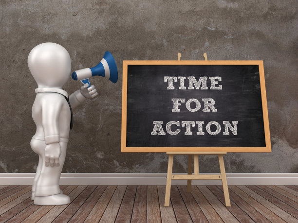 商业人物与扩音器和画架与时间的行动短语- 3D渲染图片下载