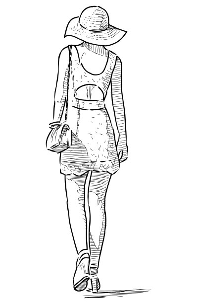 年轻苗条的女人戴着帽子在夏天的一天走在街上的素描图片下载