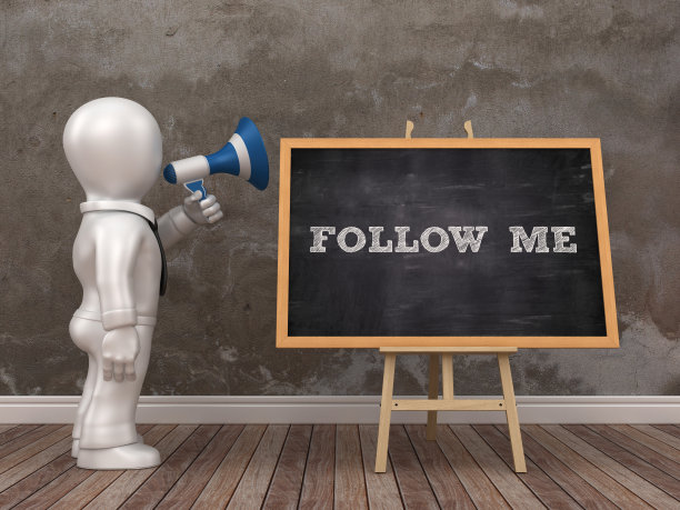 商业字符与扩音器和画架与FOLLOW ME短语- 3D渲染图片下载