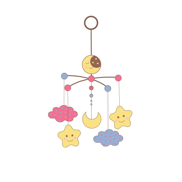 婴儿移动玩具在床上，图标。带着小星星和云彩的移动婴儿。图片下载