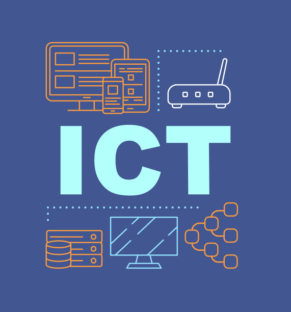 ICT蓝字概念横幅。演讲中,网站。信息和通信技术，创新技术。孤立的字母排版与线性图标的想法。向量大纲说明图片下载