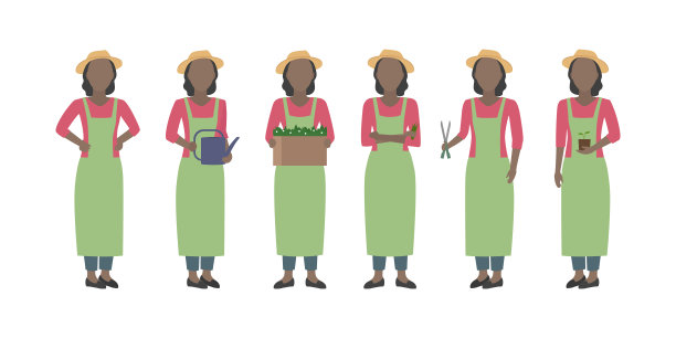 戴着帽子站在不同姿势的非洲妇女农民。向量图片下载