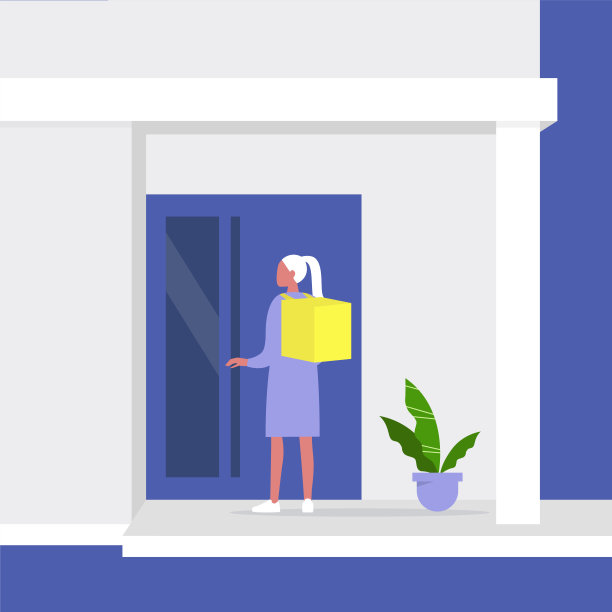 年轻女快递员站在前门，大楼入口，小区物业，送餐服务图片下载