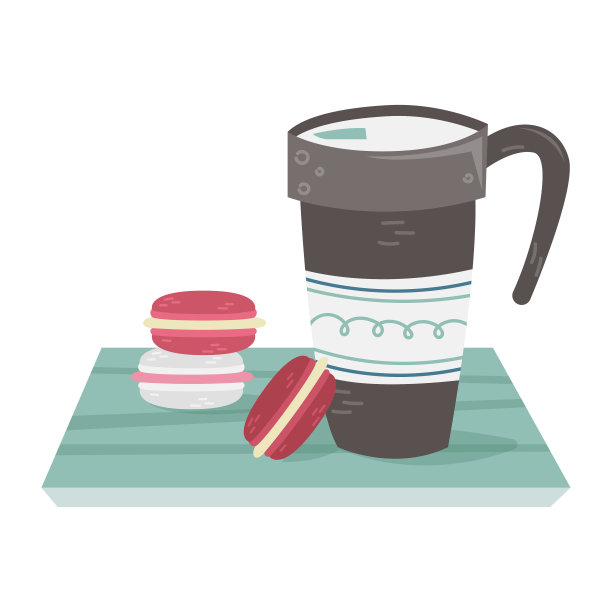 桌上放着一杯热咖啡和杏仁饼干。平面向量插图。图片下载