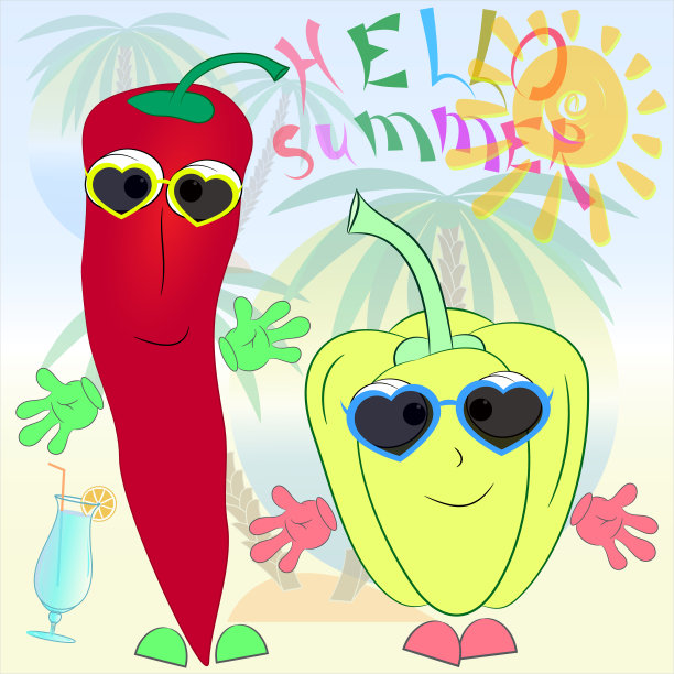 欢乐椒卡通夏季海报。你好，夏季矢量海报。夏季时间矢量图。图片下载