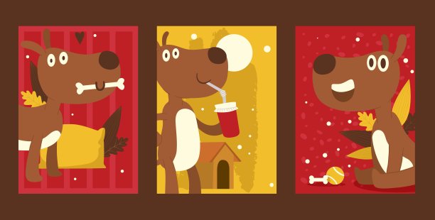 狗卡通人物，一套彩色横幅，矢量插图。风格简单的友好宠物卡片。可爱的小狗吉祥物，有创意的动物卡片。现代设计的狗图片下载