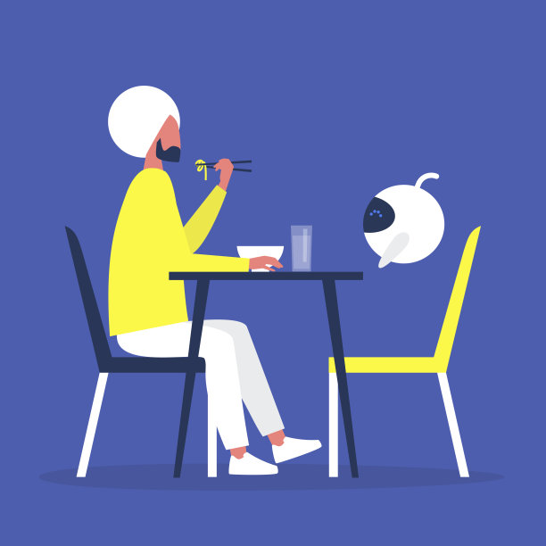 年轻的印度男性角色与机器人共进午餐，机器人，人工智能，未来科技图片下载