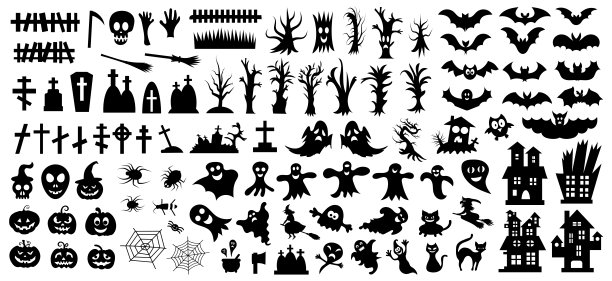 万圣节的一组剪影在白色的背景。矢量图图片下载