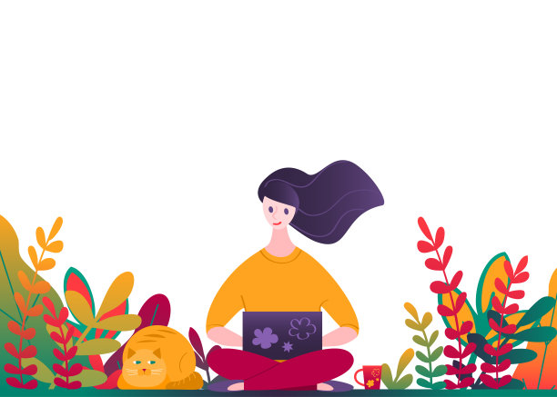 微笑的年轻女子坐在地板周围的植物，花和猫，孤立在白色的背景。绿色植物在工作空间的概念设计矢量插图。自由的概念图片下载