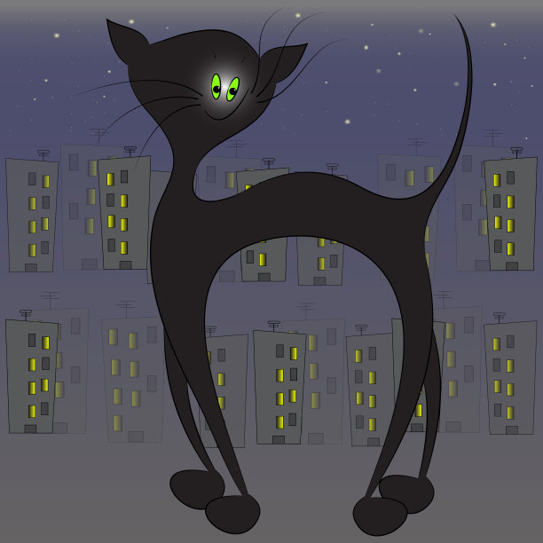 夜市插图中的黑猫。可爱的卡通小猫矢量插图。图片下载