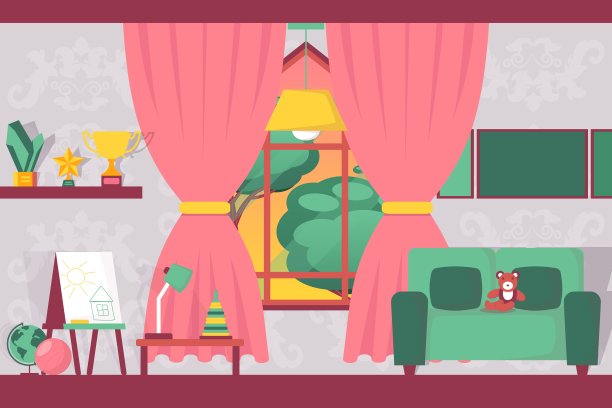 儿童房室内设计，儿童玩具和家具矢量插图图片下载