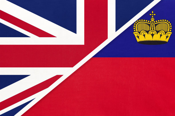 英国对列支敦士登国旗纺织品。两个欧洲国家之间的关系。图片下载