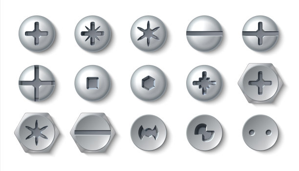 现实的螺丝。带垫圈和螺母的金属螺栓头和钢铆钉。圆形和六角螺钉和紧固件的矢量俯视图图片下载