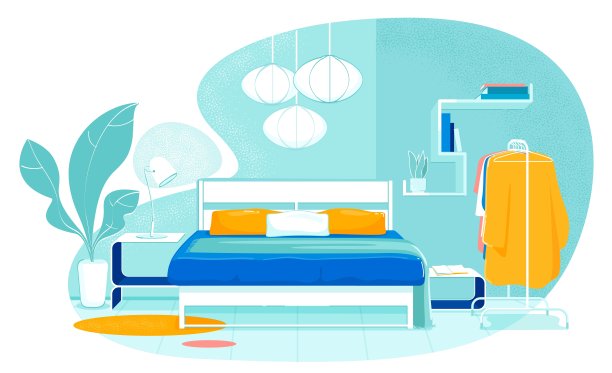 平面插图卧室内部与衣柜。图片下载