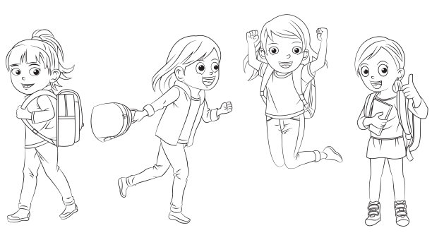 卡通女孩收集去学校的涂色书图片下载